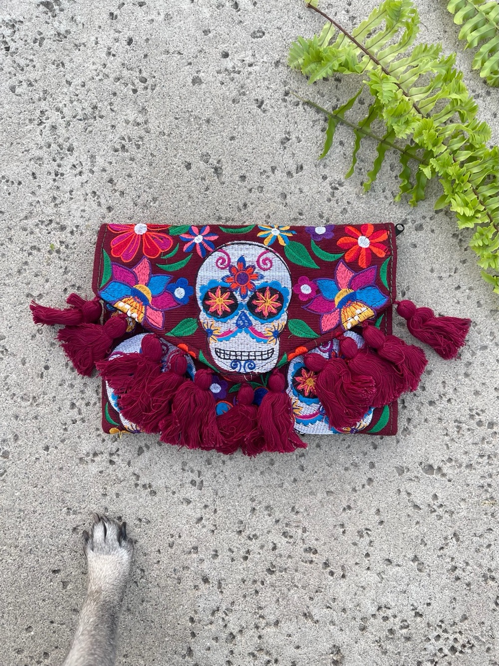 Handmade Embroidered Sugar Skull Tassel Clutch - Burgundy